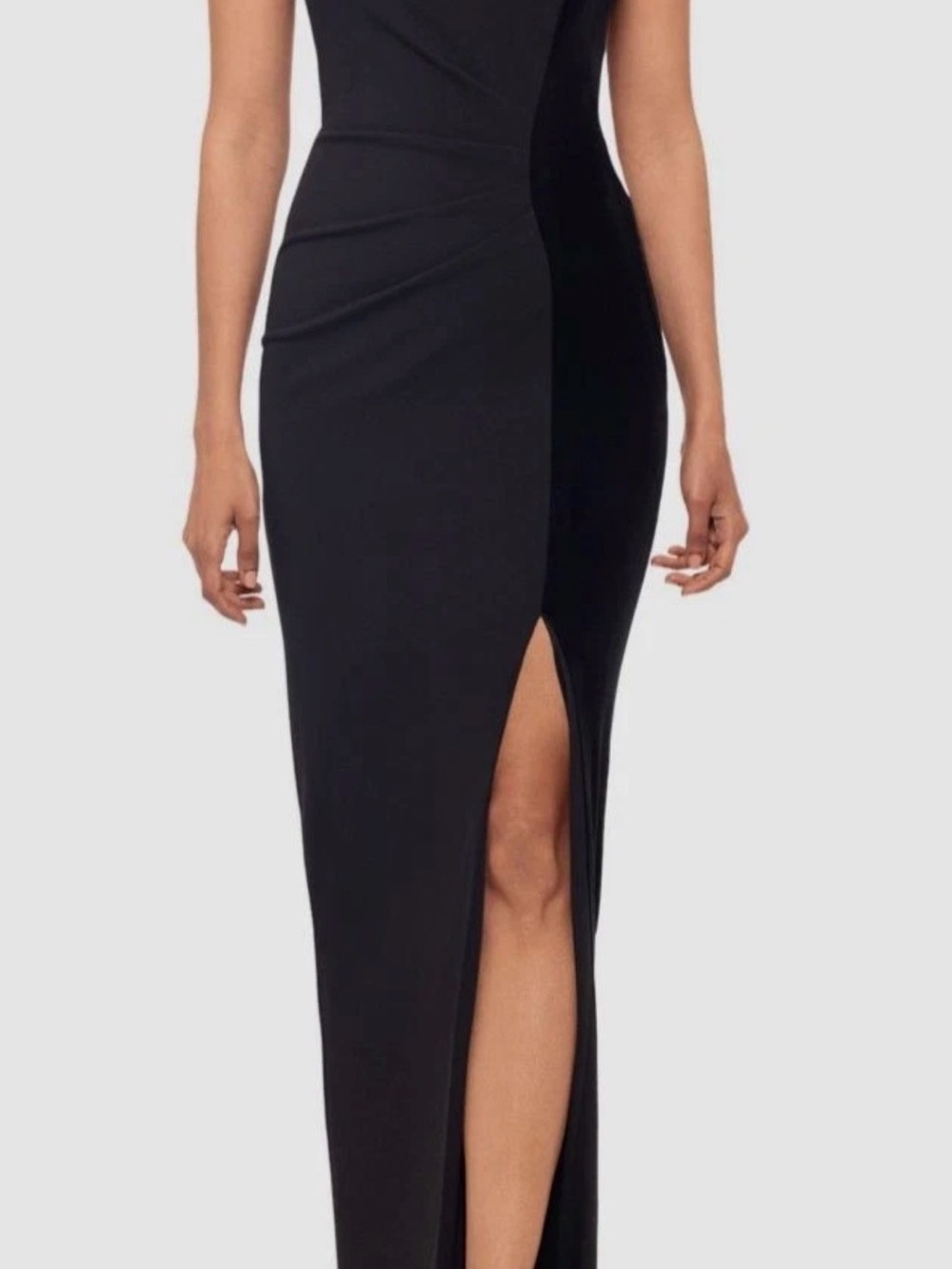 Betsy & Adam Black One-Shoulder High-Slit Evening Gown